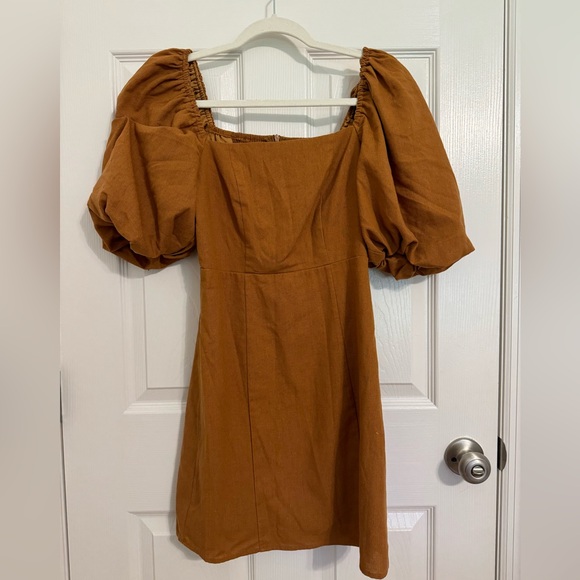 Linen Blend Puff Shoulder Squareneck Mini Dress - Picture 1 of 4